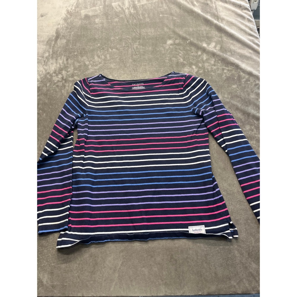 Talbots Authentic Navy Blue Multi Color Striped Long Sleeve Cotton Tee M